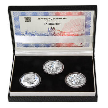 17. LISTOPAD 1989 – návrhy mince 200 Kč - sada tří Ag medailí 34 mm Proof v etui - 1
