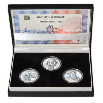 RABÍ JEHUDA LÖW – návrhy mince 200 Kč - sada I. tří Ag medailí 34 mm Proof v etui - 1