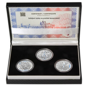 PRAŽSKÁ KONZERVATOŘ – návrhy mince 200 Kč - sada tří Ag medailí 34 mm Proof v etui - 1