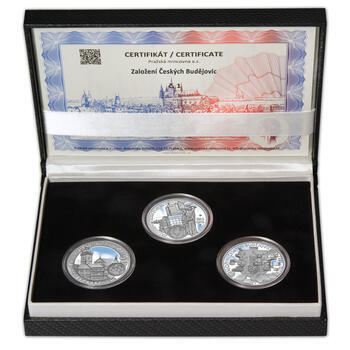 ČESKÉ BUDĚJOVICE – návrhy mince 200 Kč - sada tří Ag medailí 34 mm Proof v etui - 1