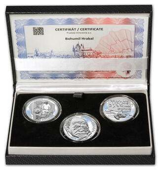 BOHUMIL HRABAL – návrhy mince 200 Kč - sada tří stříbrných medailí 34 mm Proof v etui - 1